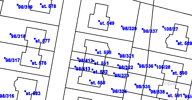 Parcela st. 550 v KÚ Bašť, Katastrální mapa