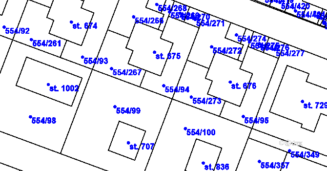 Parcela st. 554/94 v KÚ Bašť, Katastrální mapa