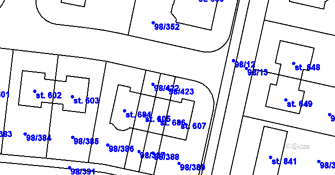 Parcela st. 98/423 v KÚ Bašť, Katastrální mapa