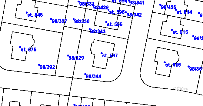 Parcela st. 597 v KÚ Bašť, Katastrální mapa