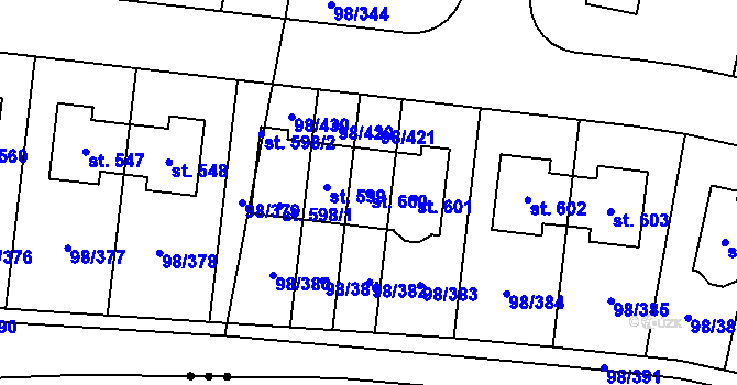 Parcela st. 600 v KÚ Bašť, Katastrální mapa