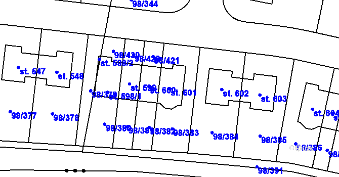Parcela st. 601 v KÚ Bašť, Katastrální mapa