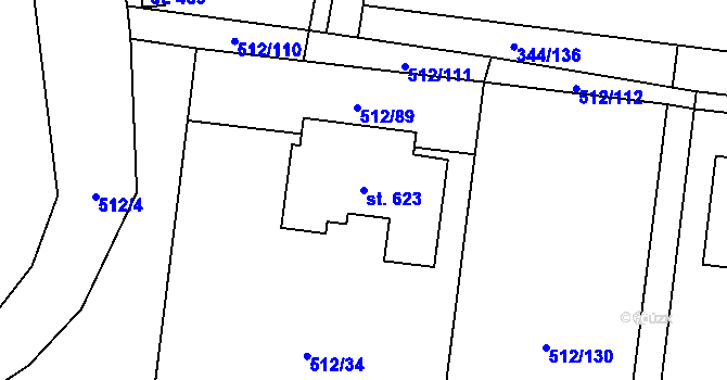 Parcela st. 623 v KÚ Bašť, Katastrální mapa
