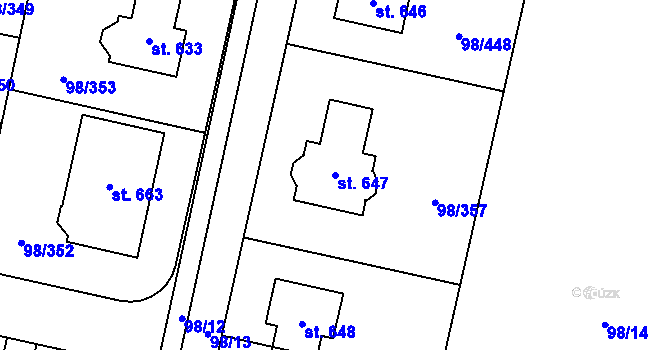 Parcela st. 647 v KÚ Bašť, Katastrální mapa