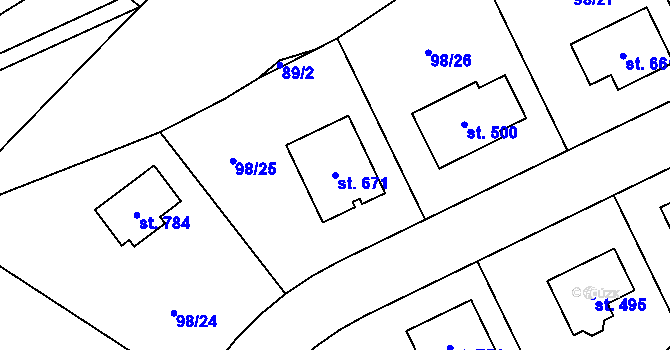 Parcela st. 671 v KÚ Bašť, Katastrální mapa