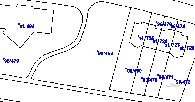 Parcela st. 98/458 v KÚ Bašť, Katastrální mapa