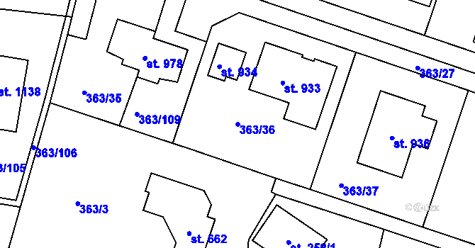 Parcela st. 363/36 v KÚ Bašť, Katastrální mapa