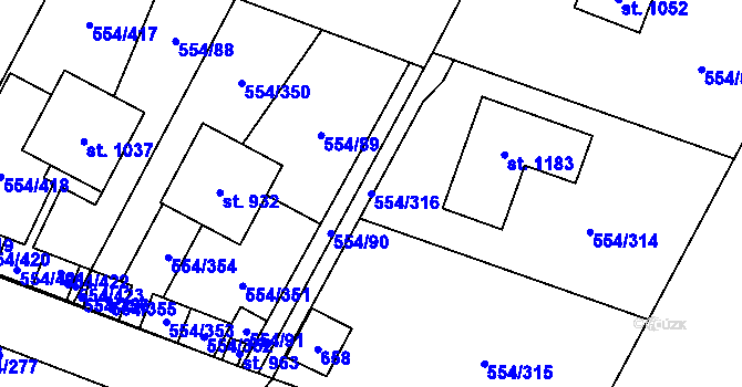 Parcela st. 554/316 v KÚ Bašť, Katastrální mapa