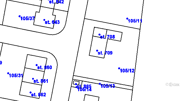 Parcela st. 709 v KÚ Bašť, Katastrální mapa