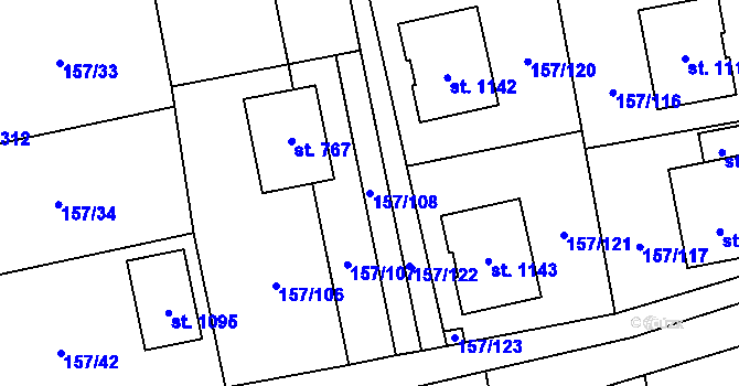 Parcela st. 157/108 v KÚ Bašť, Katastrální mapa