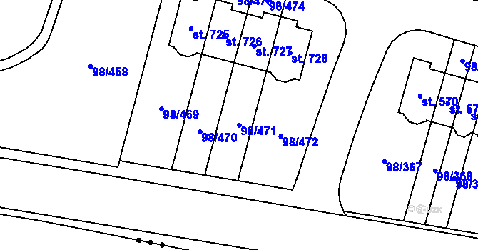 Parcela st. 98/471 v KÚ Bašť, Katastrální mapa