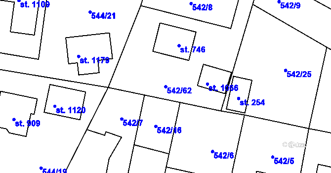 Parcela st. 542/62 v KÚ Bašť, Katastrální mapa