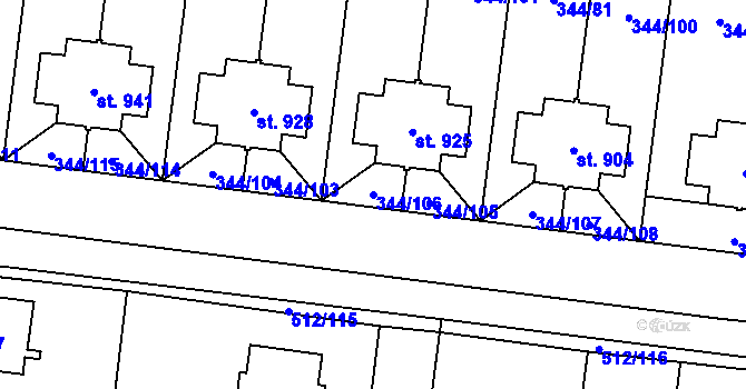 Parcela st. 344/106 v KÚ Bašť, Katastrální mapa