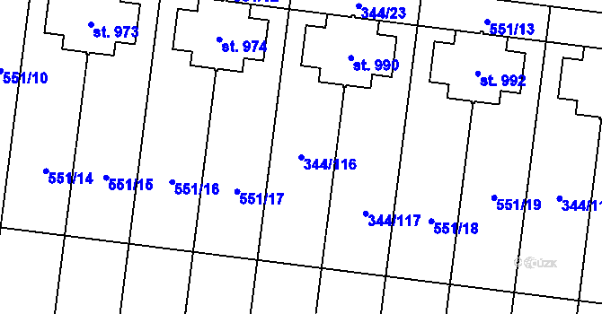 Parcela st. 344/116 v KÚ Bašť, Katastrální mapa