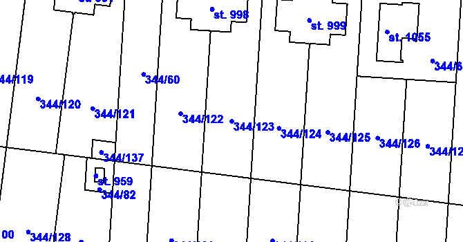 Parcela st. 344/123 v KÚ Bašť, Katastrální mapa
