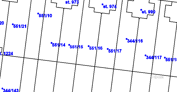 Parcela st. 551/16 v KÚ Bašť, Katastrální mapa