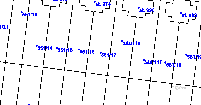 Parcela st. 551/17 v KÚ Bašť, Katastrální mapa