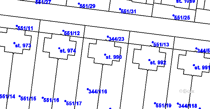 Parcela st. 990 v KÚ Bašť, Katastrální mapa