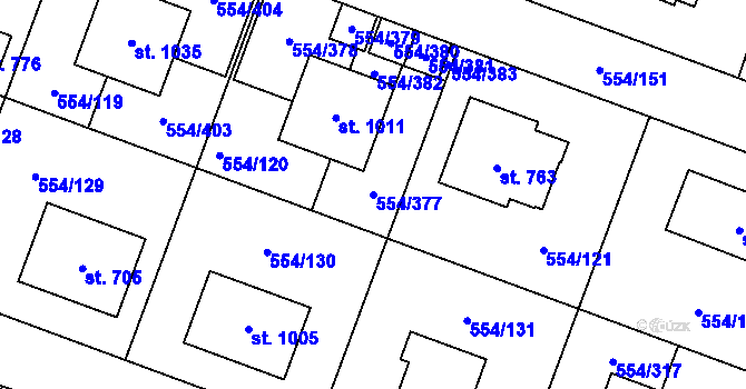 Parcela st. 554/377 v KÚ Bašť, Katastrální mapa