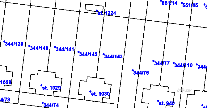 Parcela st. 344/143 v KÚ Bašť, Katastrální mapa