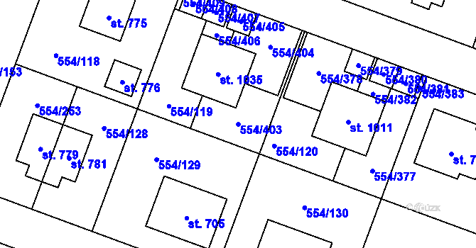 Parcela st. 554/403 v KÚ Bašť, Katastrální mapa