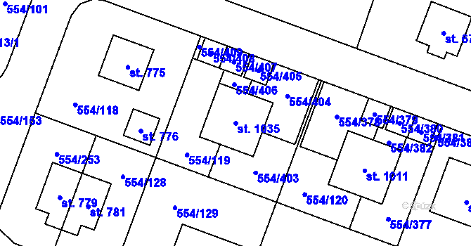 Parcela st. 1035 v KÚ Bašť, Katastrální mapa
