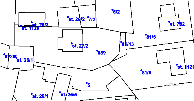 Parcela st. 659 v KÚ Bašť, Katastrální mapa