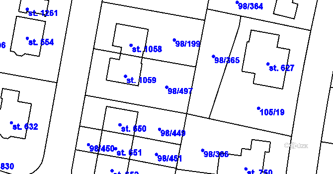 Parcela st. 98/497 v KÚ Bašť, Katastrální mapa