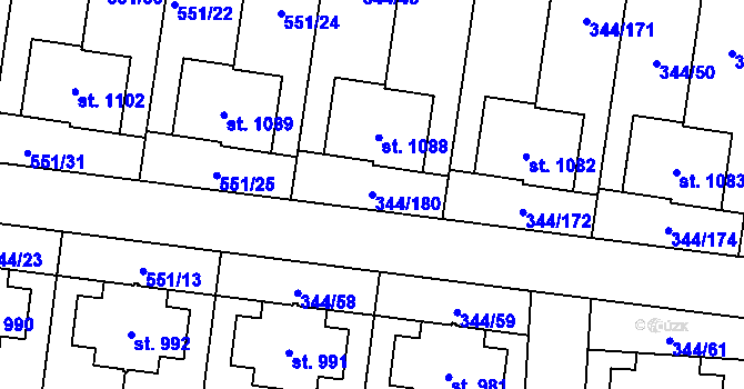 Parcela st. 344/180 v KÚ Bašť, Katastrální mapa