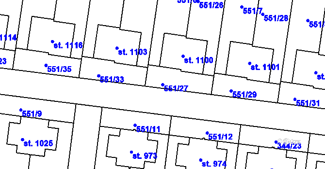 Parcela st. 551/27 v KÚ Bašť, Katastrální mapa