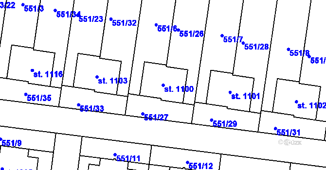 Parcela st. 1100 v KÚ Bašť, Katastrální mapa