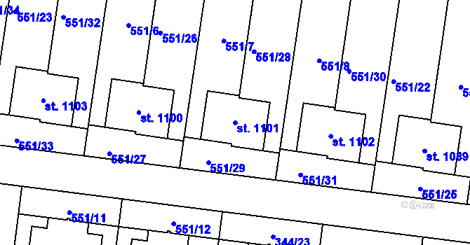 Parcela st. 1101 v KÚ Bašť, Katastrální mapa