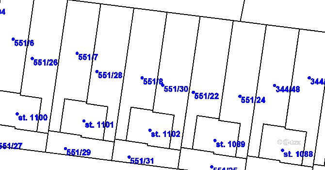 Parcela st. 551/30 v KÚ Bašť, Katastrální mapa