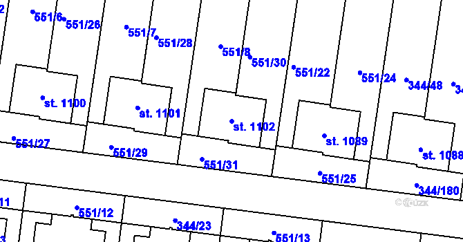 Parcela st. 1102 v KÚ Bašť, Katastrální mapa