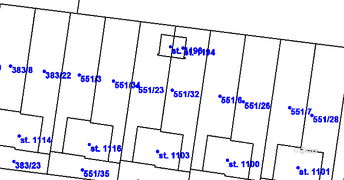 Parcela st. 551/32 v KÚ Bašť, Katastrální mapa