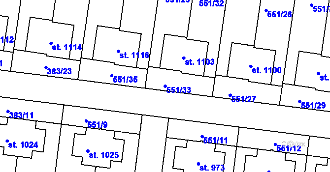 Parcela st. 551/33 v KÚ Bašť, Katastrální mapa