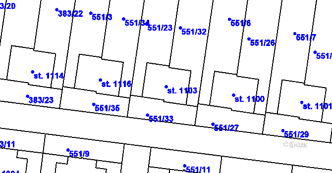 Parcela st. 1103 v KÚ Bašť, Katastrální mapa