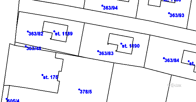 Parcela st. 363/83 v KÚ Bašť, Katastrální mapa
