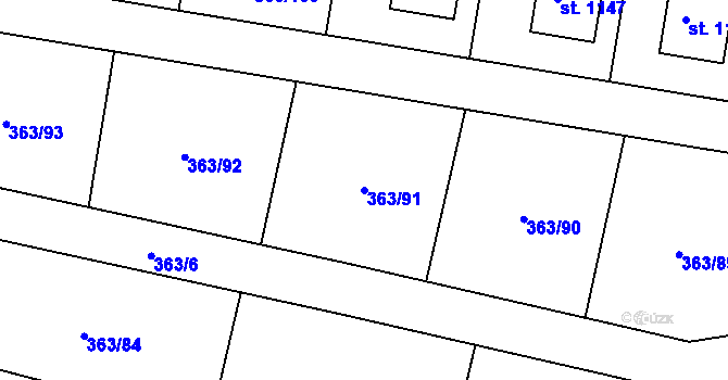 Parcela st. 363/91 v KÚ Bašť, Katastrální mapa