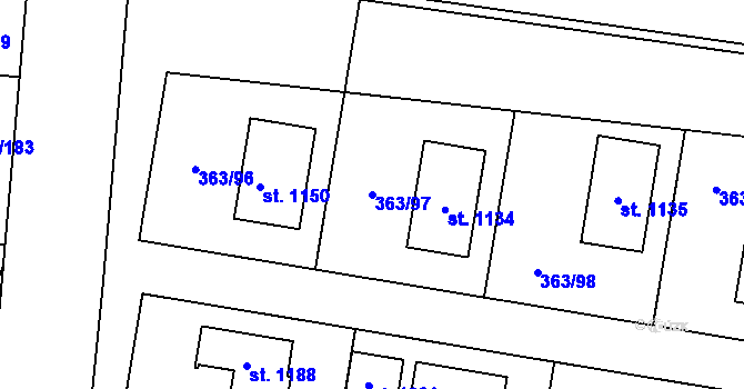 Parcela st. 363/97 v KÚ Bašť, Katastrální mapa