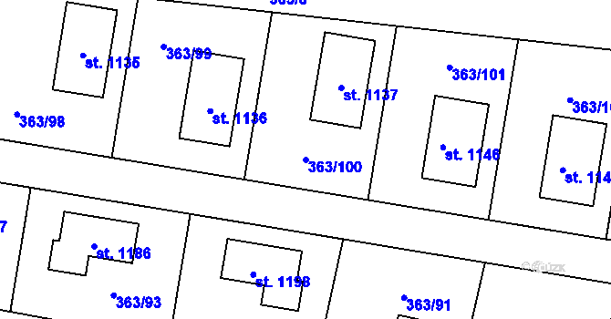 Parcela st. 363/100 v KÚ Bašť, Katastrální mapa