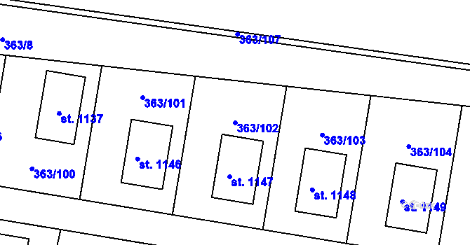 Parcela st. 363/102 v KÚ Bašť, Katastrální mapa