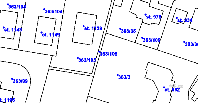 Parcela st. 363/106 v KÚ Bašť, Katastrální mapa