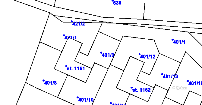 Parcela st. 401/9 v KÚ Bašť, Katastrální mapa