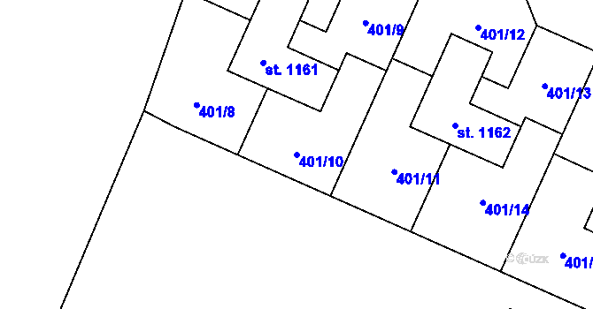 Parcela st. 401/10 v KÚ Bašť, Katastrální mapa