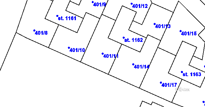 Parcela st. 401/11 v KÚ Bašť, Katastrální mapa