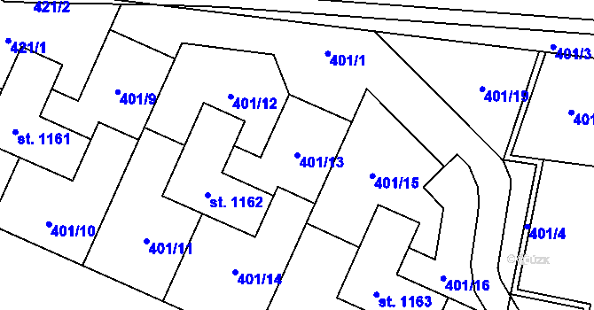 Parcela st. 401/13 v KÚ Bašť, Katastrální mapa