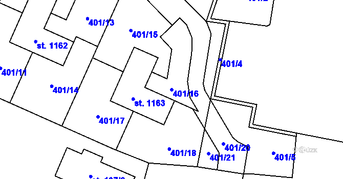 Parcela st. 401/16 v KÚ Bašť, Katastrální mapa