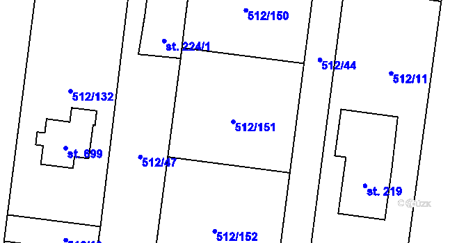 Parcela st. 512/151 v KÚ Bašť, Katastrální mapa