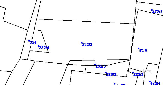 Parcela st. 232/3 v KÚ Tourov, Katastrální mapa